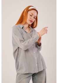 Resim Cep Detay Çizgili Oversize Gri Gömlek 