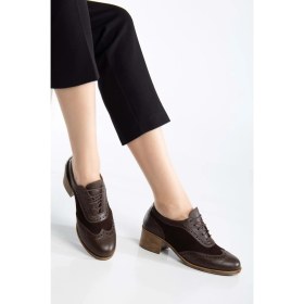 Resim Kadın Hakiki Deri Topuklu Oxford Ayakkabı - Kahve 