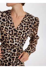 Resim Fabrika V Yaka Desenli Bej - Siyah Mini Kadın Elbise F5WL-ELB0362 