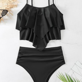 Resim Katmanlı Fırfır Siyah 2 Parça Set Tankini, Düz Yüksek Bel Esnek Spagetti Askılı Mayolar, Bayan Mayo ve Giyim 