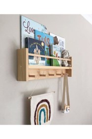 Resim OlcayAksesuar Doğal Ahşap Montessori Kitaplık Çocuk Bebek Odası Askılık Duvar Rafı Yan Uzun 