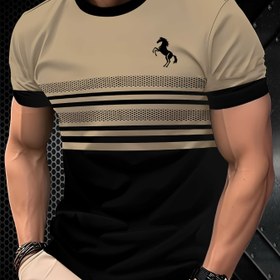 Resim Erkekler için Çizgili At 3D Baskılı T-Shirt, Rahat Yazlık Spor Giyim, Yuvarlak Yaka, Hafif Esnek Kumaş, Normal Kesim - Siyah/Beyaz/Yeşil 