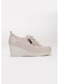 Resim Dilimler Ayakkabı Kadın Dolgu Topuklu Ayakkabı Bej Rugan Fermuarlı Bağcıklı-3878 Bej 