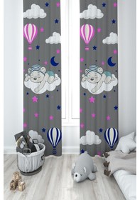 Resim Mekta Home Bebek Ve Çocuk Odası Bulut Üzerinde Uyuyan Sevimli Ayı Desenli Gri 2 Kanat Fon Perde 