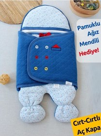 Resim Mavi Erkek Bebek Battaniyesi & Ayaklı Uyku Tulumu - %100 Pamuklu Dış Kundak Lacivert 