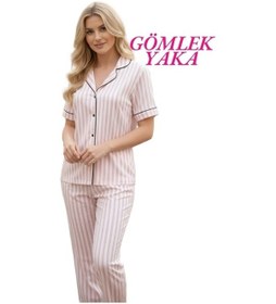 Resim Guava Kadın Slim Fit Gömlek Yaka Önden Düğmeli Dar Kalıp Kısa Kol Pijama Takımı Pembe 