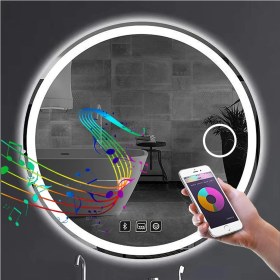 Resim 85 cm Bluetoothlu Makyaj Aynalı Buğu Yapmayan Ledli Yuvarlak Banyo Aynası 