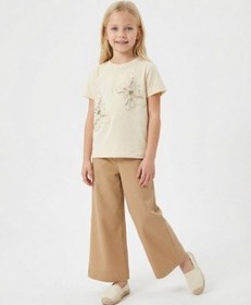 Resim Zekids Kız Çocuk Bol Paça Modal Kumaş Tasarım Pantolon-17149 Bej 