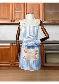 Resim Mavi Beyaz Çizgili Cepli Deniz Temalı Mutfak Önlüğü 