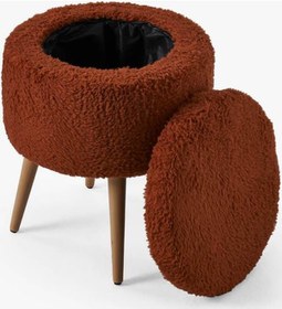 Resim Teddy Ahşap Ayaklı Sandıklı Yuvarlak Puf Makyaj Masası Pufu - Dekoratif Ayak Uzatma Pufu Kiremit 