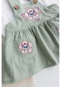 Resim Babymod Çicekli Kedi Nakışlı %100 Pmuklu Kız Bebek Salopet Elbise Jile Yeşil 