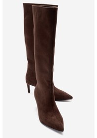 Resim Luvishoes Camila Kahverengi Süet Kadın Topuklu Çizme Kahverengi 