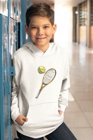 Resim Kio Tasarım Tenis Sweatshirt Kapüşonlu Raket Ve Top Baskılı Unisex Ekru Çocuk Hoodie Pamuklu Kalın Kumaş 