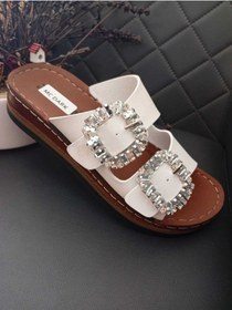 Resim 37145 Dolgu Topuklu Orotpedik Dikişli Taban Taşlı Terlik Beyaz 