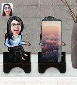 Resim Bk Gift Kişiye Özel Kadın Patron Karikatürlü Ahşap Biblo Telefon Standı-5 