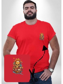 Resim Angemiel Renkli Kurukafa Hippi Kırmızı Büyük Beden Kadın Basic Minimal Baskılı Tişört Kırmızı 