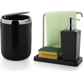 Resim Primanova Luna Mutfak Sıvı Sabunluk ve Çöp Kova Seti Siyah 