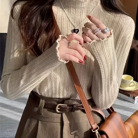 Resim Kadınlar için Vintage Yüksek Yaka Marul Trim Kazak, Düz Renk Örgü Kazak, Polyester, Uzun Kollu, Bol Kesim, Bahar/Sonbahar için 