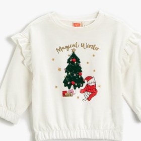 Resim Kız Bebek Sweatshirt Yılbaşı Temalı Fırfırlı Uzun Kollu Pamuklu 