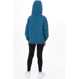 Resim Toontoy Kids Toontoy Kız Çocuk 2'li Takım Baskılı Kapüşonlu Düşük Omuz Sweatshirt & Basic Düz Tayt Petrol Mavi 
