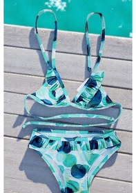 Resim Lolliboomkids Kız Çocuk Fırfır Detaylı Üçgen Bağlamalı Yeşil Geometrik Desenli Bikini Takımı Yeşil 