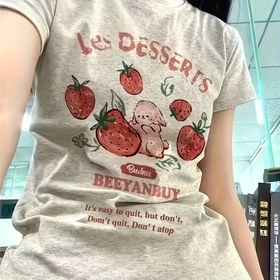 Resim Y2K Yaz Yeni Karikatür Çilek Harajuku Baskılı Tişört Kısa Kollu Üst Rahat Kadın Giyim 