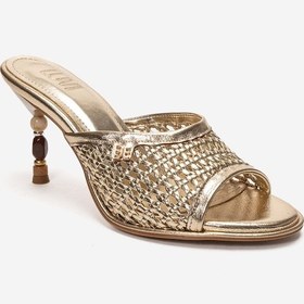 Resim Luvishoes Selvıan Altın Örgü Kadın Boncuk Topuklu Terlik 