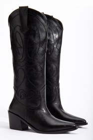 Resim DENORA Siyah Mat Deri Sivri Burun Nakışlı Western Kovboy Bot Çizme 
