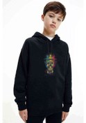 Resim Skull Baskılı Unisex Çocuk Kapüşonlu Siyah Sweatshirt (528771662) 