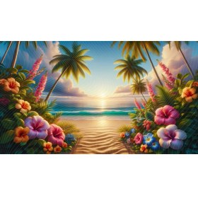 Resim Venspor Tropik Plaj Manzarası Arkaplan Renkli Çiçekler ve Palmiye Ağaçları ile 200 x 150 cm Duvar Örtüsü Fon 