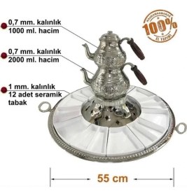 Resim El Işçiliği Bakır Çaydanlıklı 55 cm Kahvaltı Sunum Seti – 12 Parça Seramik Tabaklı, Geleneksel Kahvaltılık Takımı 