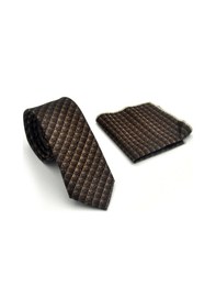 Resim Gaffy Kahverengi Küp Desenli Bej Dokuma Kumaş Mendilli Slim Fit Kravat // Sdk-2605-6 Bej 