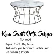 Resim Brc Kum Saati Orta Sehpa Model 1026 Beyaz Mermer Temper Cam Metal 
