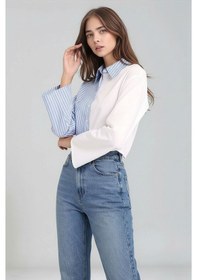 Resim Mamayaga Kadın Özel Tasarım Asimetrik Kesim Düğmeli Çizgi Garnili Crop Boy Gömlek Mavi 
