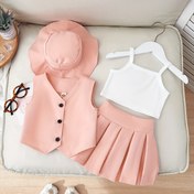 Resim Kızlar için Yazlık Şık ve Trend Tatil İngiliz ve Avrupa Tarzı İç Giyim Askılı Yelek V-Yaka Yelek ve Pilili Etek ile Moda Şapka Dört Parça Set 