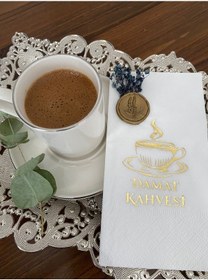 Resim Gold Yaldızlı Beyaz Çiçekli Mühürlü Damat Kahvesi Garson Peçete 1 Adet 