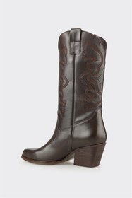 Resim Elle Kahve Deri Kadın Western Çizme 