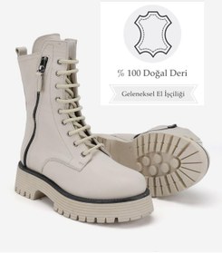 Resim Kadın Bej Hakiki Deri 36-41 Numara Bağcıklı Bot & Bootie Bej 
