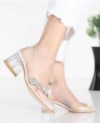 Resim Afilli Beyaz Taşlı Kalın Şeffaf Topuklu Kadın Stiletto Ayakkabı Siyah 