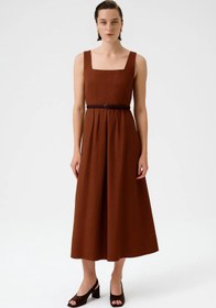 Resim Kahverengi Kare Yaka Kemer Detaylı Uzun Elbise - KAHVERENGİ / 42 