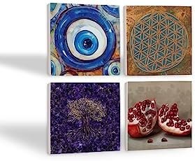 Resim Nazar, Yaşam Çiçeği, Hayat Ağacı, Nar Taş Bardak Altlığı Seti - 4 Parça - Dekoratif, Rustik Mutfak Aksesuarı, 10x10 cm, Kaydırmaz Tabanlı, Şık ve Dayanıklı SC465 