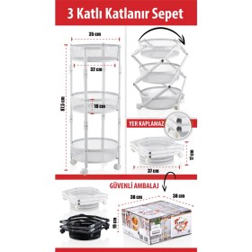 Resim Cornella 3 Katlı Pratik Katlanır Beyaz Renk Tekerlekli Patates Soğanlık - Çok Amaçlı 87,5cm Metal Organizer 