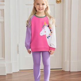 Resim 2 adet Sonbahar ve Kış Sevimli Örme Kız Elbise, 2-7 Yaş için, Aplikasyonlı Unicorn ve Kontrast Renk Dikişli Uzun Kollu Sweatshirt, ve Düz Renk Tayt, Dış Mekan, Hediye Verme ve Partiler için Çok Uygun. 