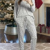 Resim Kadın Beyaz Leopar Baskılı Uzun Kollu Pijama Takımı 