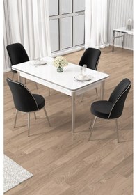 Resim Canisa Rewa Serisi 70x110 Sabit Beyaz Krom Detay Masa Takımı Ve 4 Siyah Sandalye Masa Beyaz Sandalye Siyah Krom Ayak 