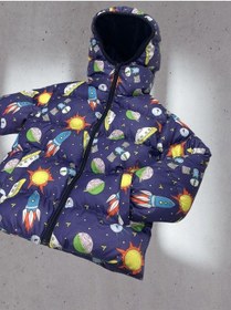 Resim Erkek Çocuk Polarlı Kapüşonlu Ufo Desenli Kışlık Şişme Mont & Kaban & Parka-82 Çok Renkli 