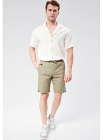 Resim Erkek Beli Lastikli Bağcıklı Pamuk Keten Karışımlı Slim Fit Jogger Şort Haki Haki 