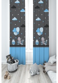 Resim Mekta Home Bebek Ve Çocuk Odası Yeşil Balonlu Ve Bisikletli Fil Desenli 2 Kanat Fon Perde 