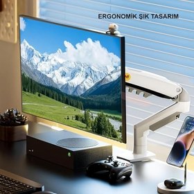 Resim TriLine NB F80-XE Beyaz 17-30" Amortisörlü 2-9Kg Ergonomik Monitör Tutucu Vesa Monitör Standı 