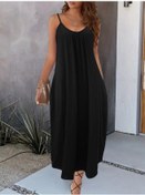 Resim Kadın Ip Askılı Geniş V Yakalı Cepli Viskon Elbise Siyah 